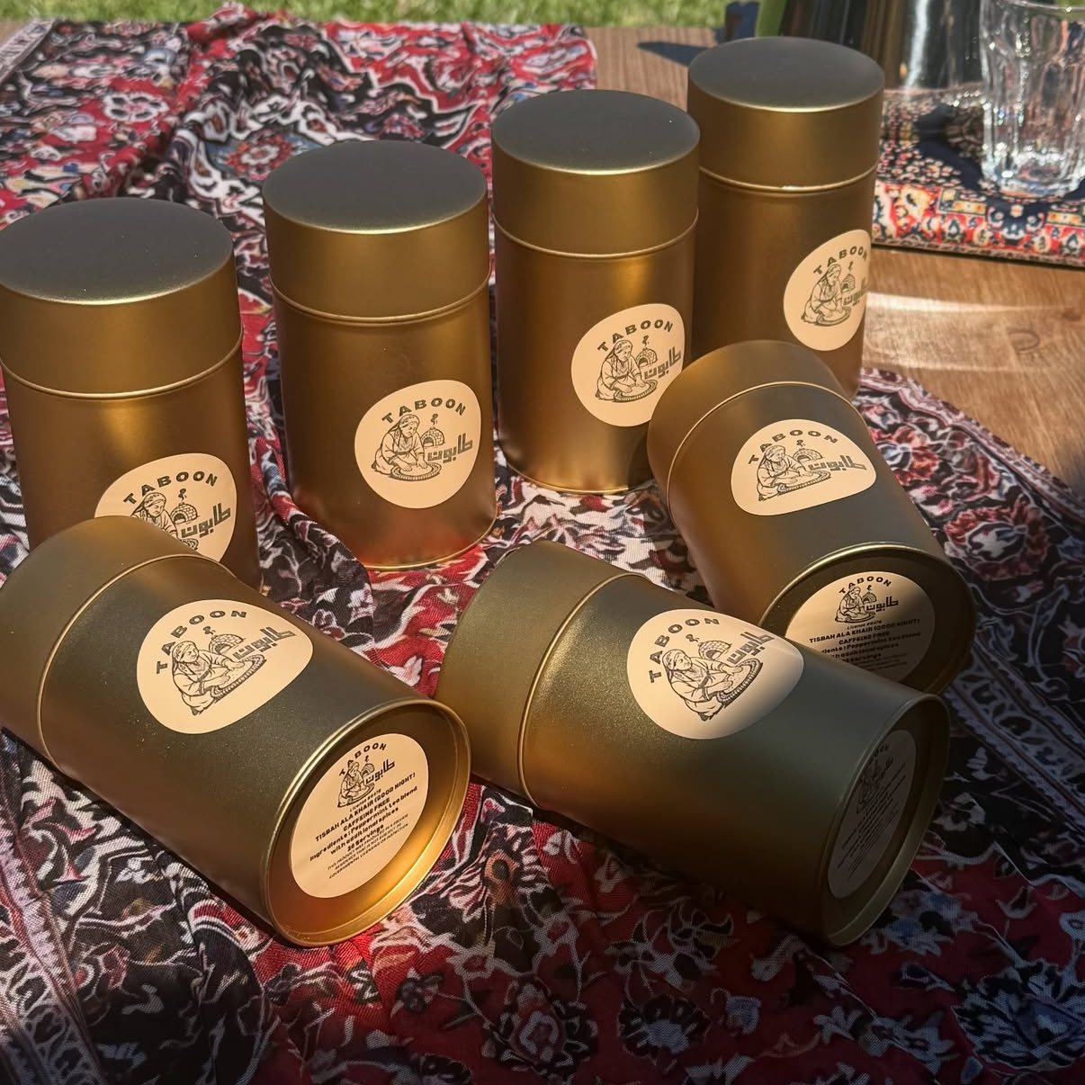 Taboon tea tins on Levantine textile